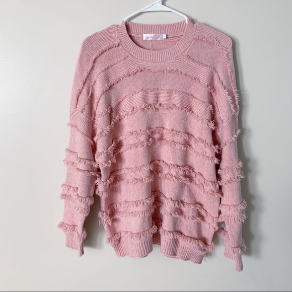 Knitted belle crew neck fringe sweater pink size small - Picture 2 of 8